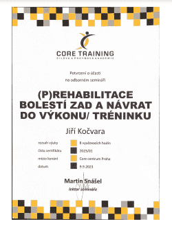 Certifikát (P)Rehabilitace bolestí zad a návrat do výkonu/tréninku Jiřího Kočvary